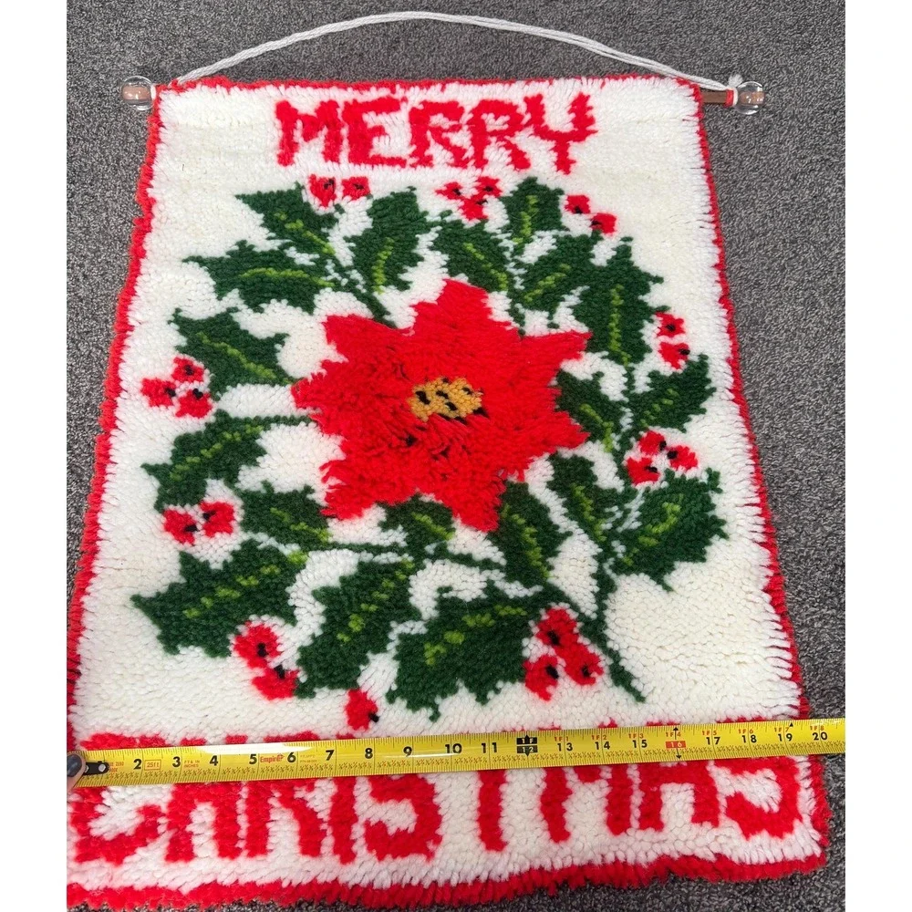 Vintage Cristmas Latch Hook Wall Hanging Merry Christmas Poinsettia Handmade